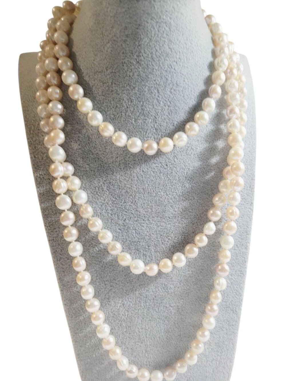 Freshwater Pearl Necklace Hand Knotted Natural White Color 30 Inches Long, 11 mm - Picture 2 of 10